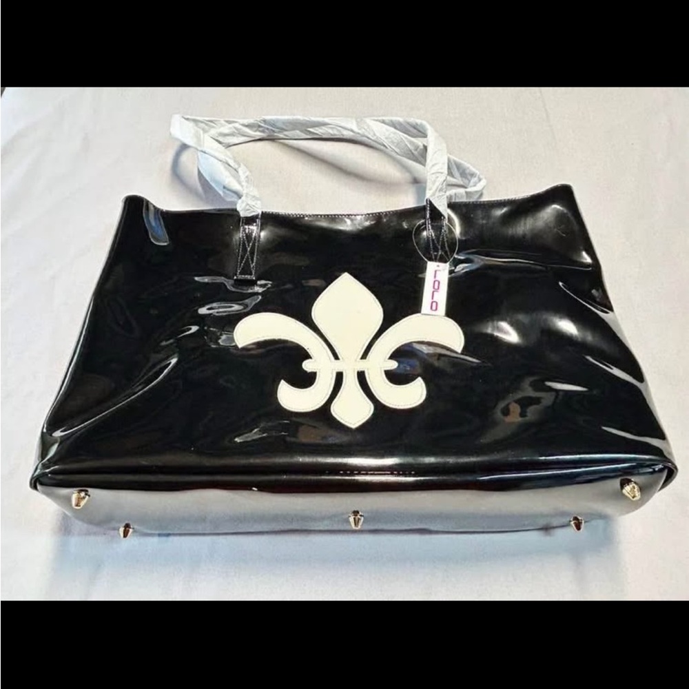 LOLO Bag Oversized Tote Black Glossy Patent Style Purse Vinyl Fleur-dis-Lis